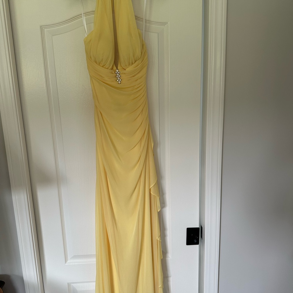 Betsy & Adam Yellow Ruched Halter Gown